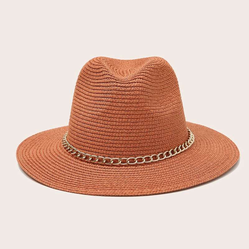 

Chain Decor Straw Hat, Rust brown