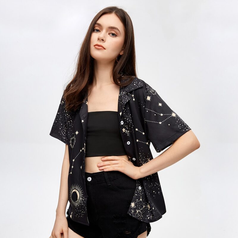 

Galaxy Graphic Button Front Blouse, Black