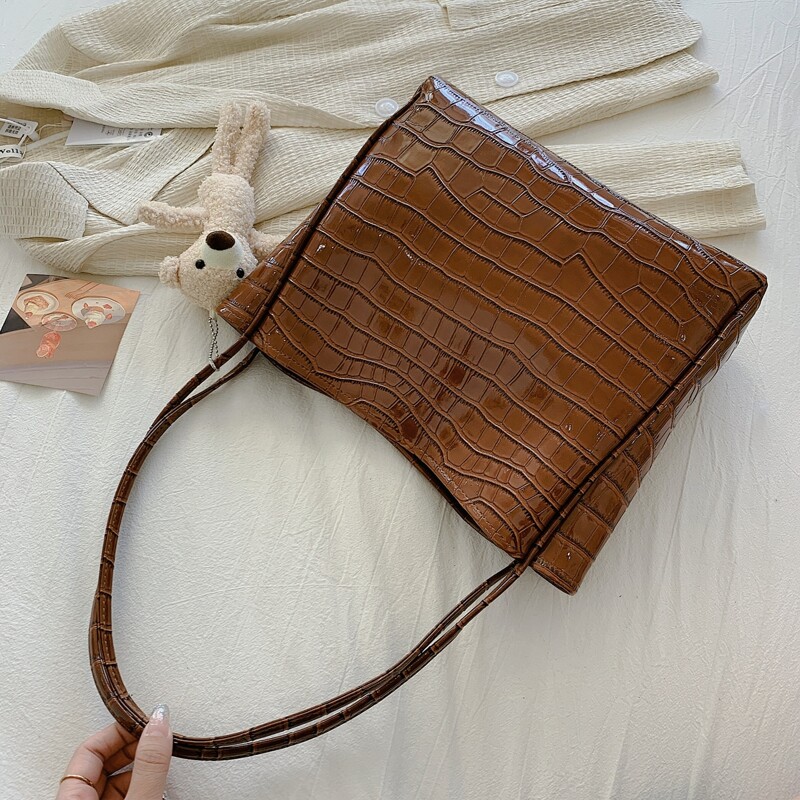 

Croc Embossed Tote Bag With Bag Charm, Brown