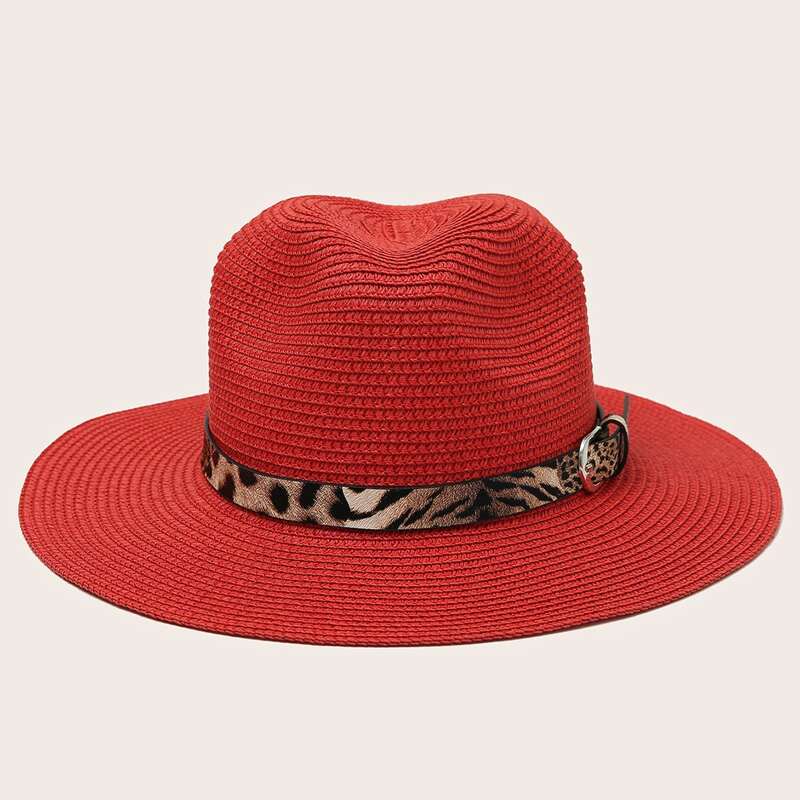 

Leopard Belt Decor Straw Hat, Red