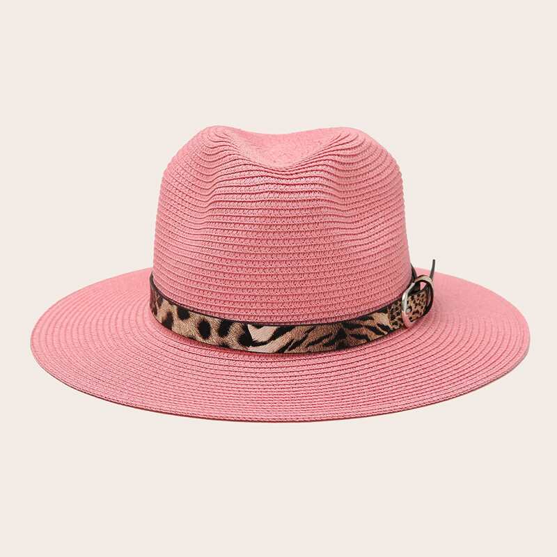 

Leopard Belt Decor Straw Hat, Pink