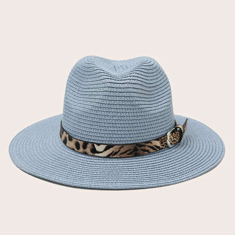 

Leopard Belt Decor Straw Hat, Blue