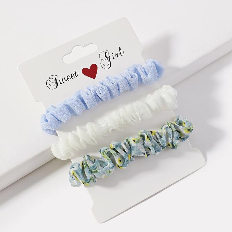 

3pcs Ditsy Floral & Plain Hair Tie, Multicolor