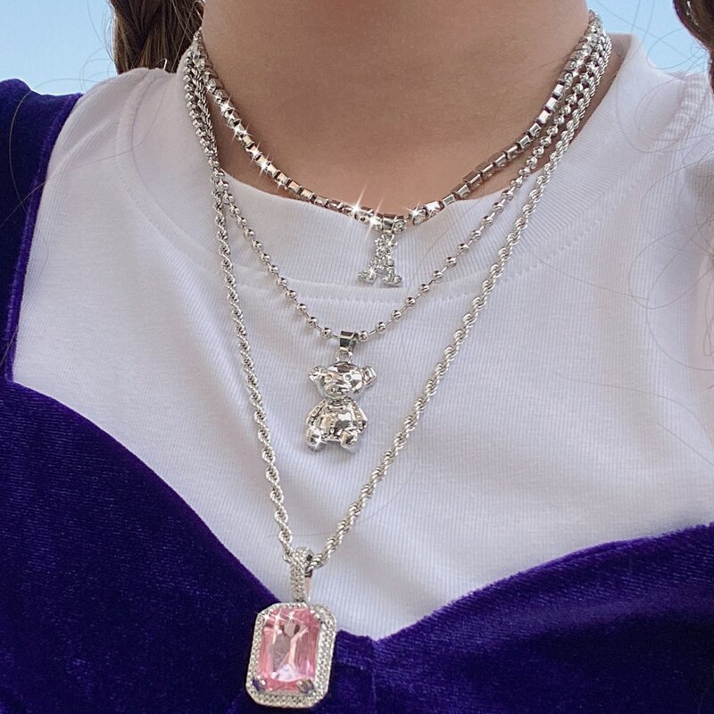 

3pcs Bear & Letter Layered Necklace, Silver