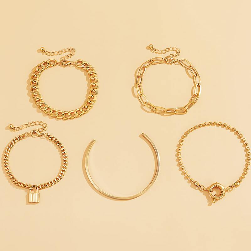 

5pcs Lock Chain Bracelet, Gold
