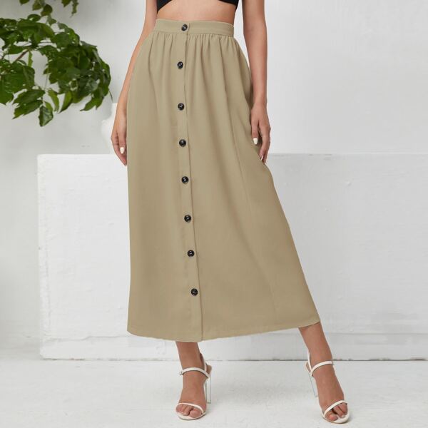 

Single Breasted Solid Skirt, Khaki