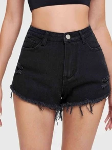 Shorts mezclilla rotos bajo crudo - Negro - Ver 1