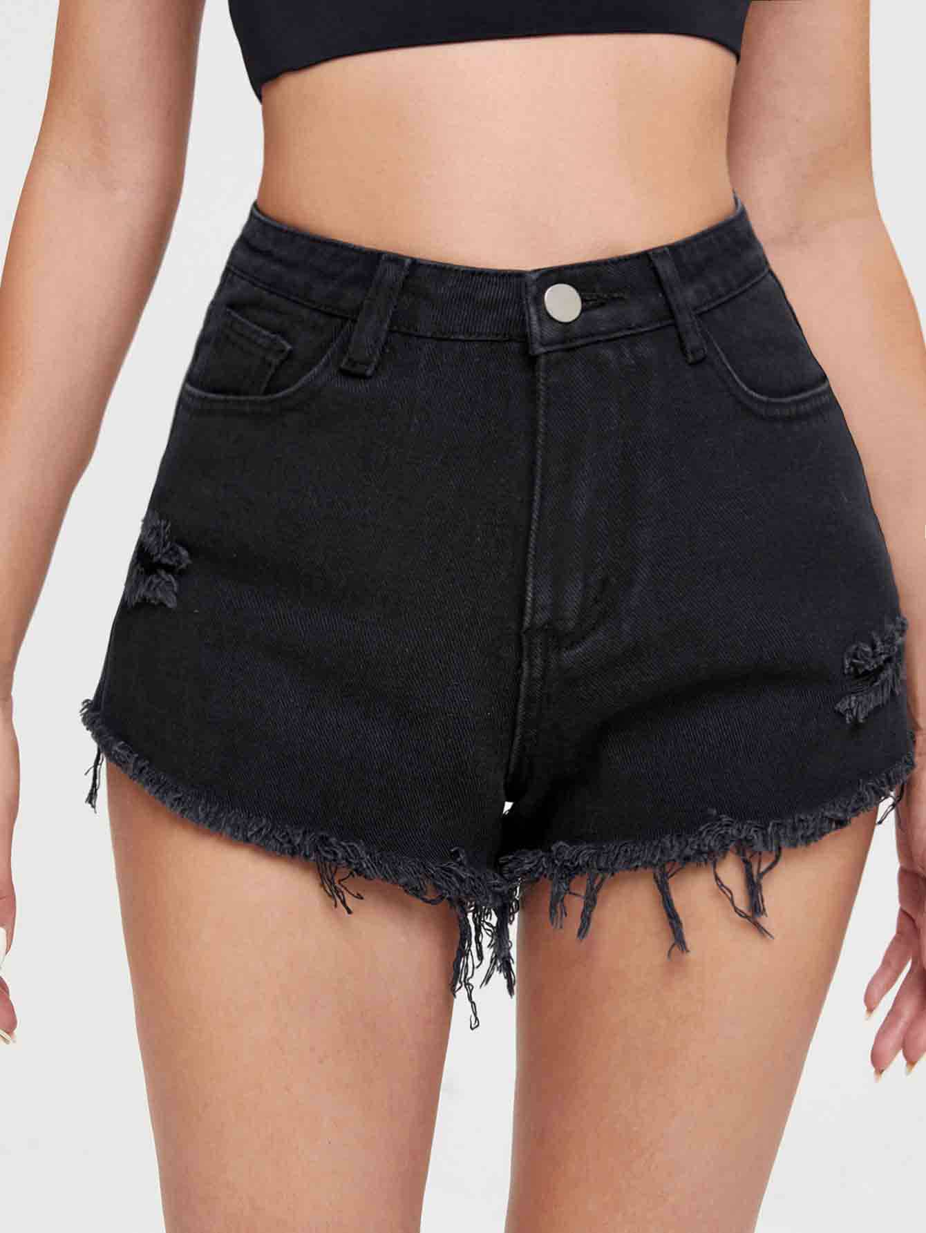 Shorts mezclilla rotos bajo crudo - Negro - Ver 1