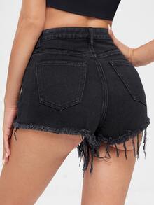Shorts mezclilla rotos bajo crudo - Negro - Ver 2