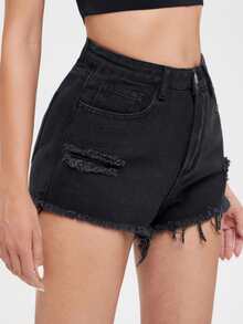 Shorts mezclilla rotos bajo crudo - Negro - Ver 4