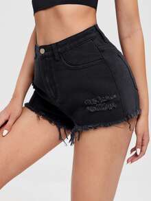 Shorts mezclilla rotos bajo crudo - Negro - Ver 5