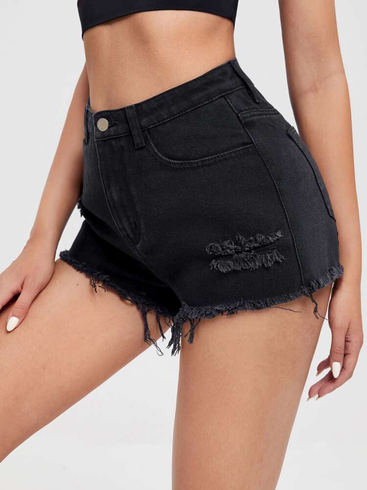 Raw Hem Ripped Denim Shorts - Black - View 5