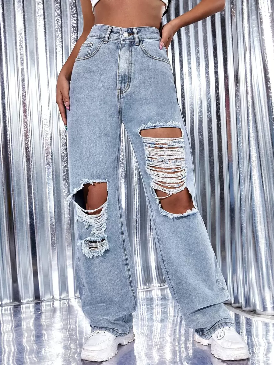 SHEIN ICON High Waist Ripped Wide Leg Jeans - Light Wash - View 1