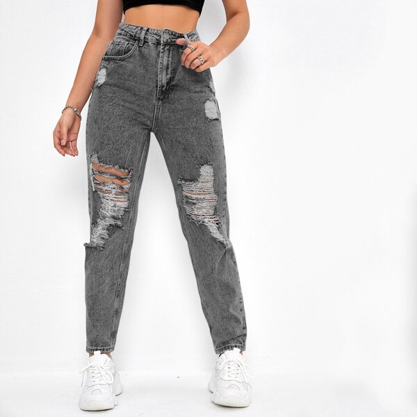 

High Waist Ripped Mom Jeans, Grey
