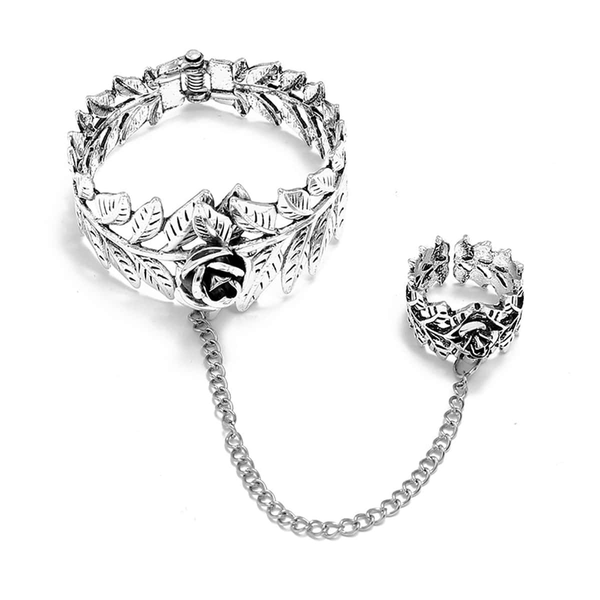 

Leaf Bracelet With Chain Linked Ring, Silver