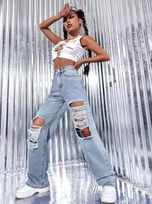 SHEIN ICON High Waist Ripped Wide Leg Jeans - Light Wash - View 4