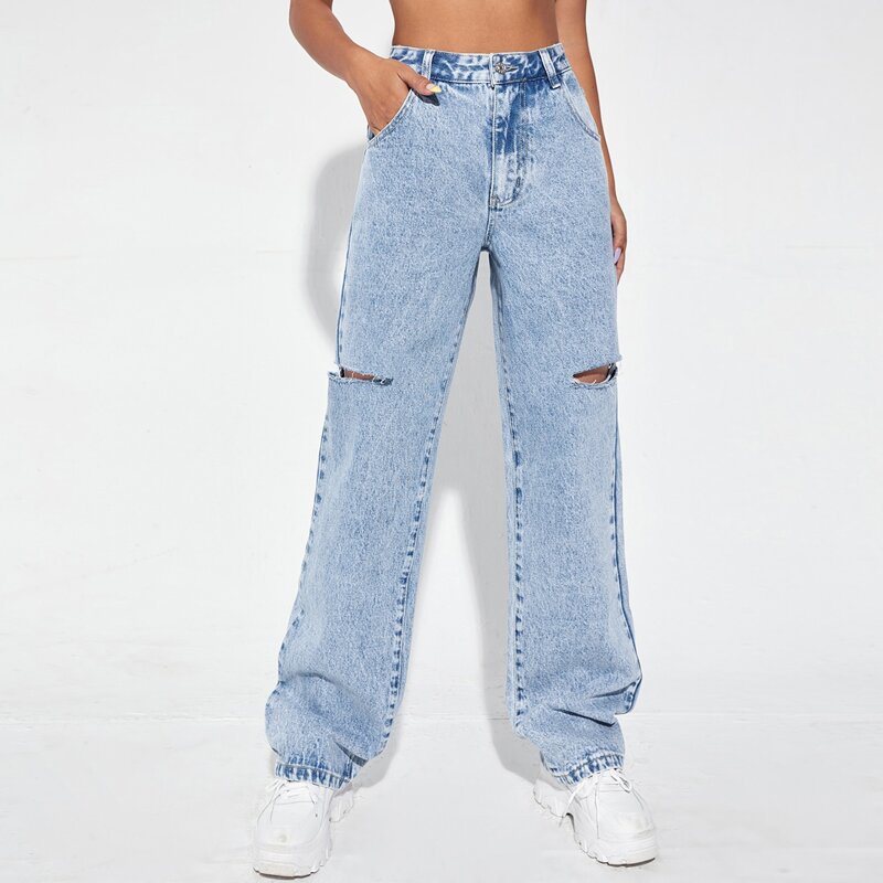 

High Waist Ripped Straight Leg Jeans, Light wash