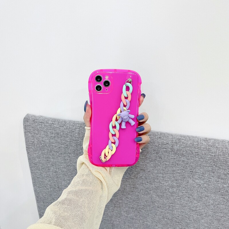 

Bear Decor Chain Hand Strap Phone Case, Rose red