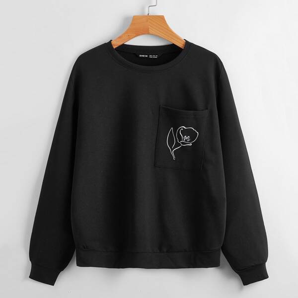 

Floral Pocket Patched Drop Shoulder Sweatshirt, Black