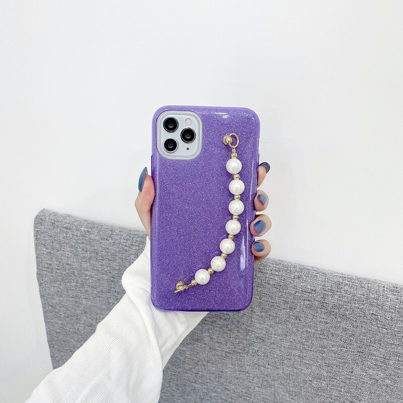 

Faux Pearl Hand Strap Glitter Phone Case, Purple