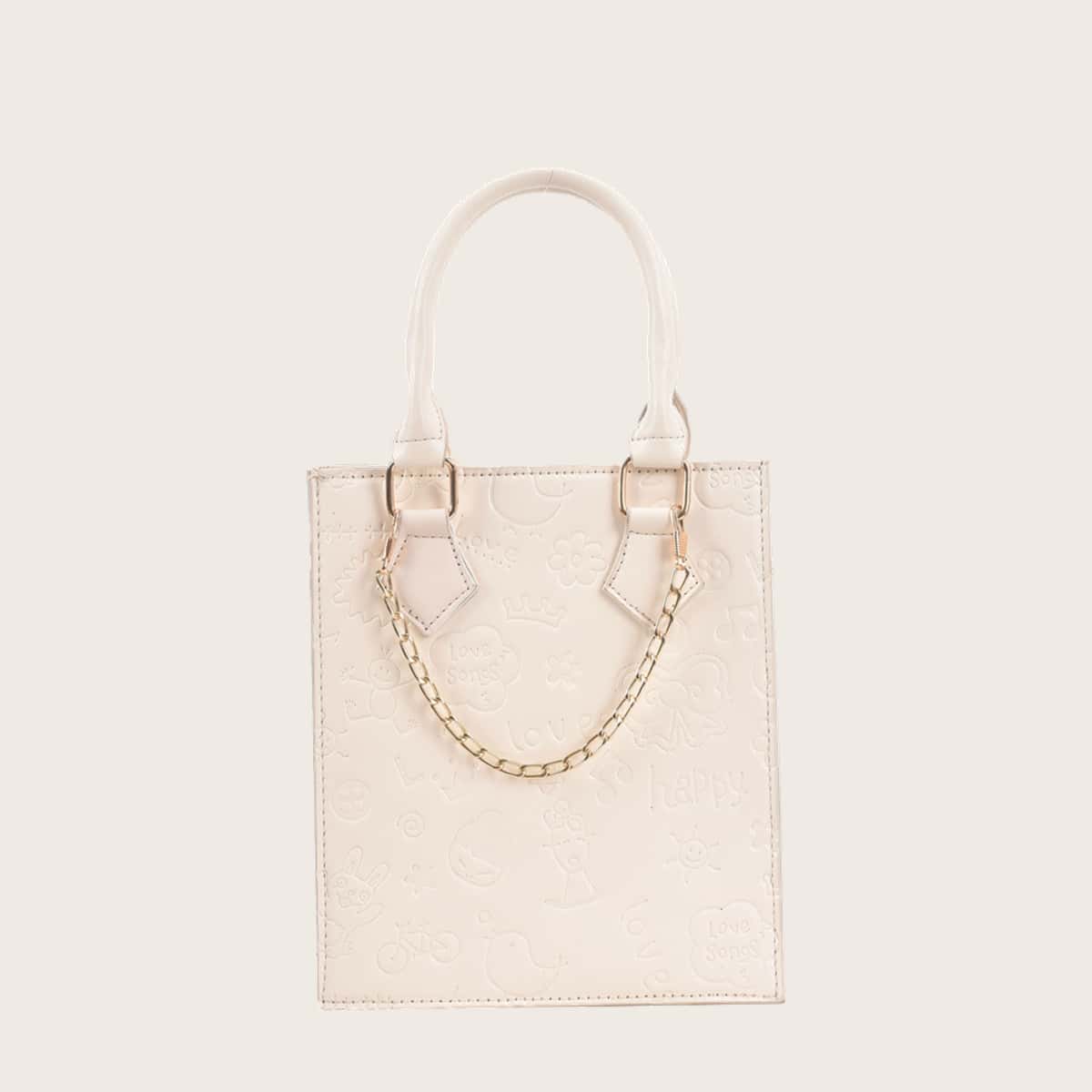 

Chain Decor Croc Embossed Satchel Bag, White