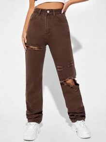 High Waist Ripped Boyfriend Jeans - Chocolate Brown - View 1