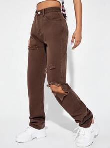 High Waist Ripped Boyfriend Jeans - Chocolate Brown - View 3