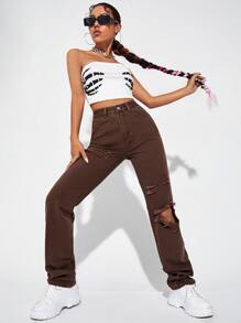 High Waist Ripped Boyfriend Jeans - Chocolate Brown - View 4
