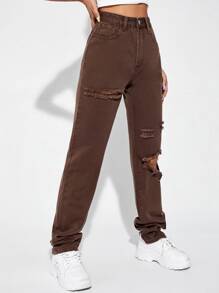 High Waist Ripped Boyfriend Jeans - Chocolate Brown - View 5