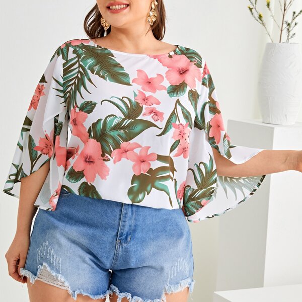 

Plus Split Sleeve Tropical Print Top, Multicolor