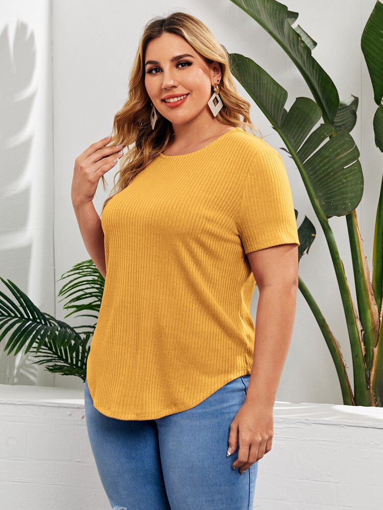 SHEIN LUNE Plus Button Back Rib-knit Tee - Yellow - View 4