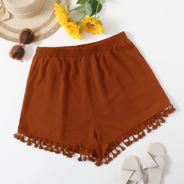 

Plus Elastic Waist Fringe Hem Shorts, Coffee brown