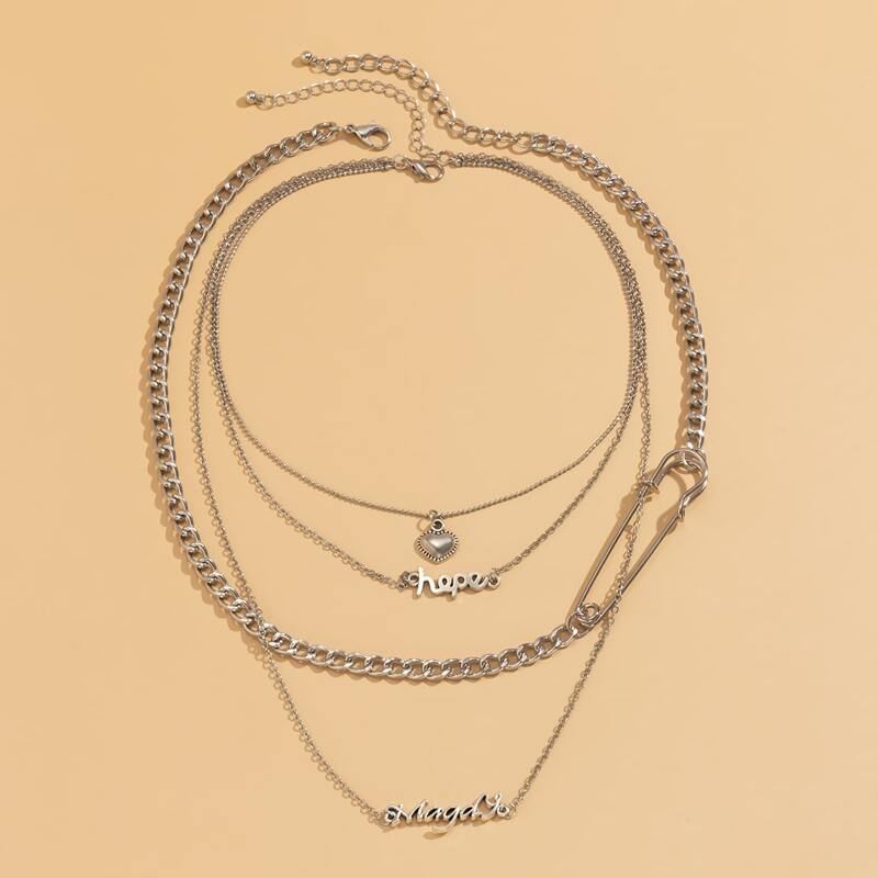 

2pcs Letter & Heart Layered Necklace, Silver