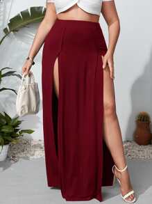 SHEIN VCAY 大碼M形開衩素色半身裙 - 酒紅色 - 查看 1