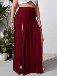 SHEIN VCAY 大碼M形開衩素色半身裙 - 酒紅色 - 查看 4