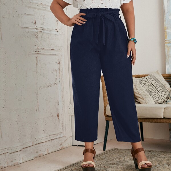 

Plus Paperbag Waist Self Belted Pants, Navy blue