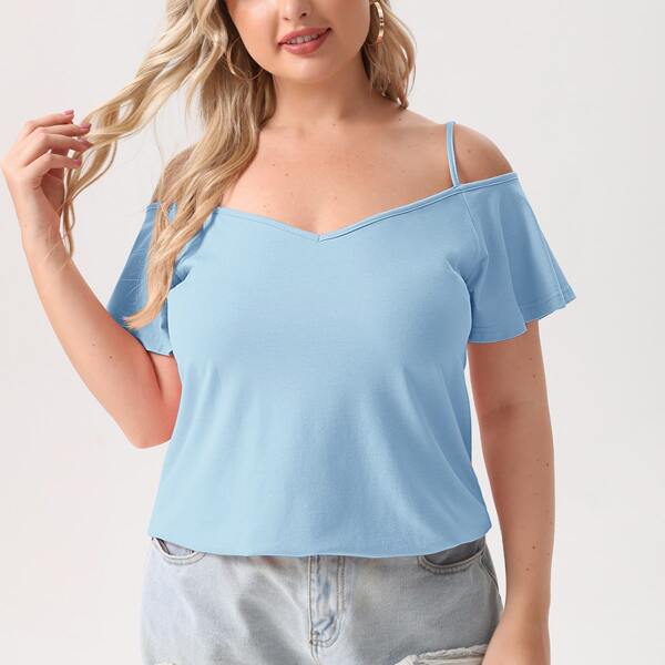

Plus Cold Shoulder Solid Tee, Baby blue