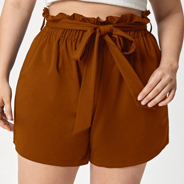 

Plus Paperbag Waist Belted Shorts, Rust brown
