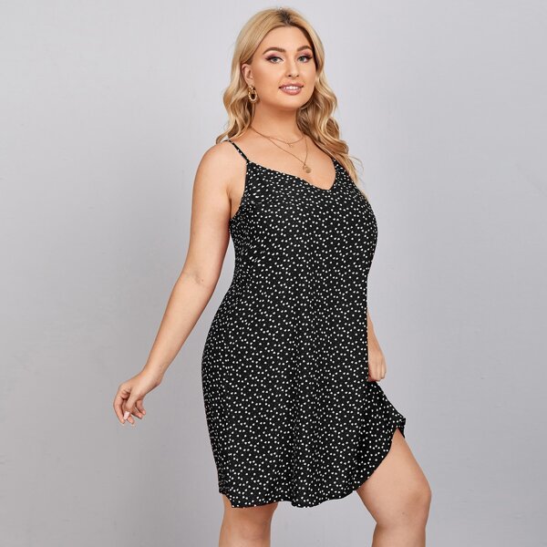

Plus Allover Heart Print Cami Dress, Black and white
