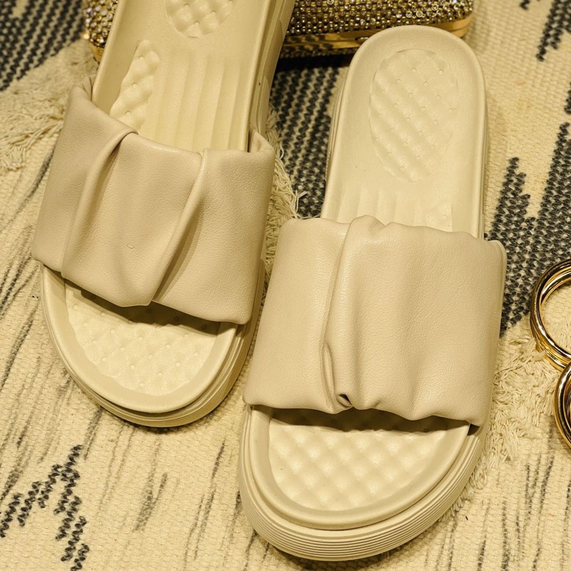 

Ruched Flatform Mules, Beige