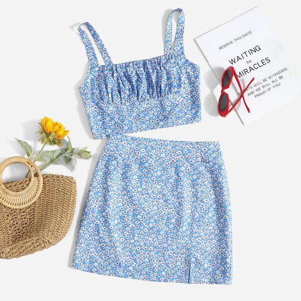 

Ditsy Floral Cami Top & Skirt Set, Blue and white