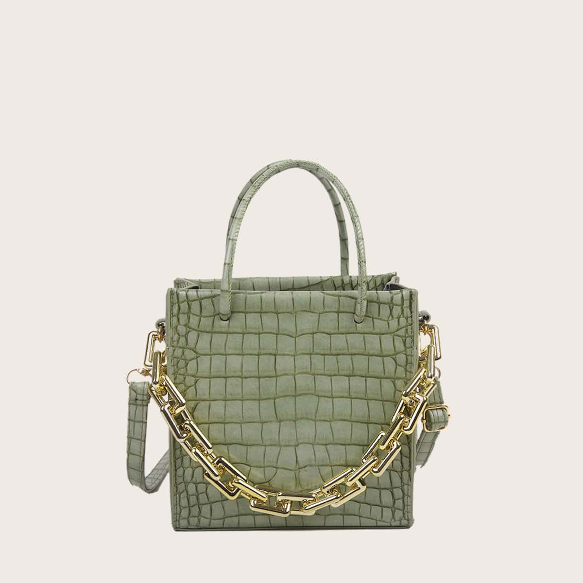 

Chain Decor Cartoon Embossed Satchel Bag, Green