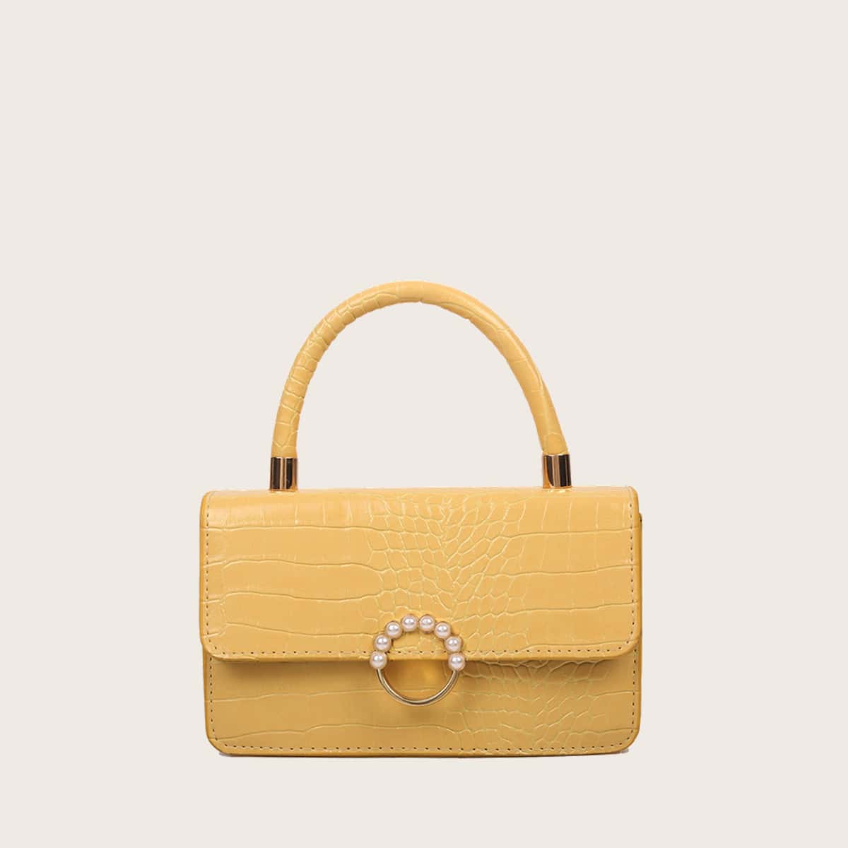 

Faux Pearl Decor Croc Embossed Satchel Bag, Yellow