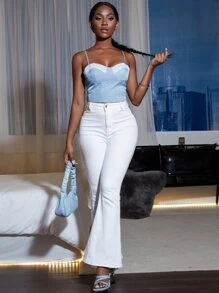 圓點印花蕾絲拼接吊帶上衣 - 淺藍色 - 查看 3