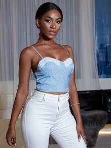 圓點印花蕾絲拼接吊帶上衣 - 淺藍色 - 查看 4