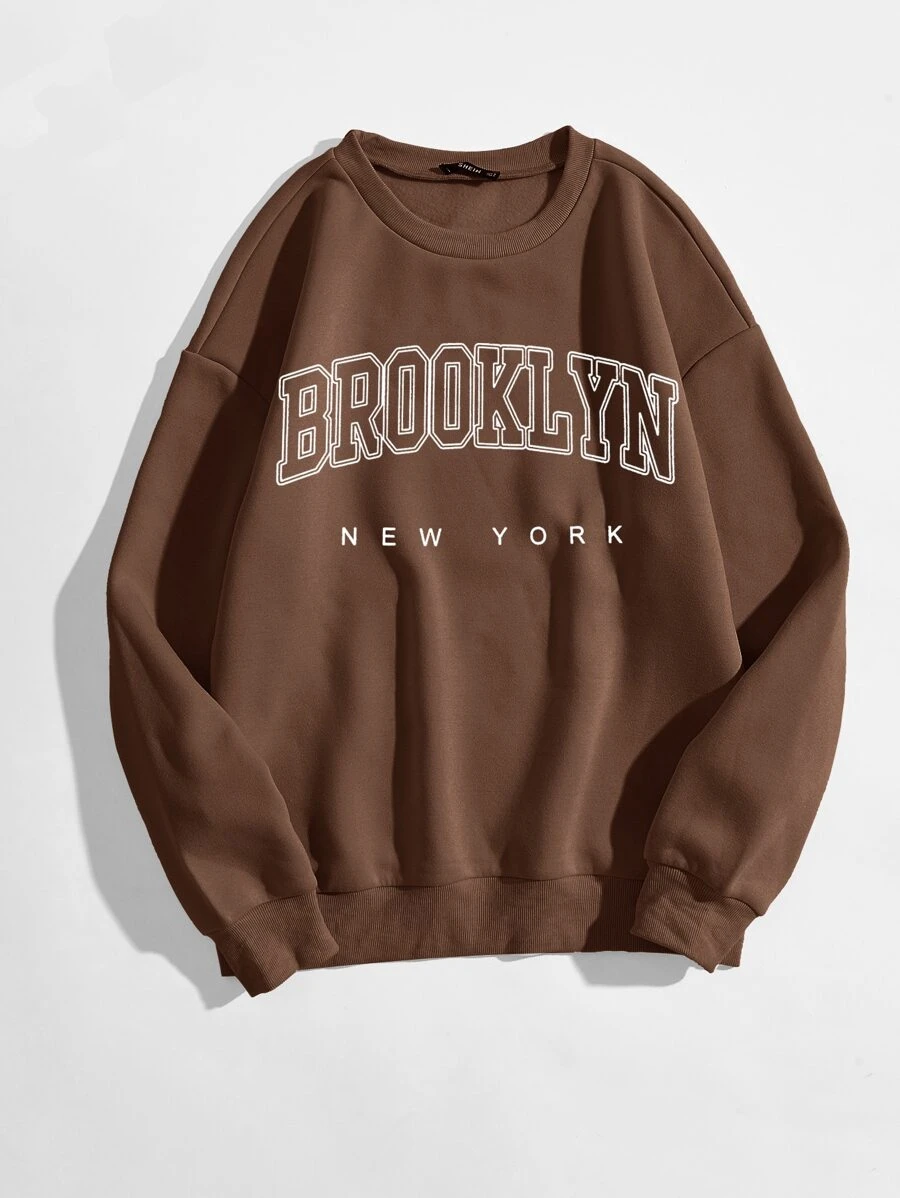 Letter Graphic Drop Shoulder Sweatshirt - Coffee Brown - View 1