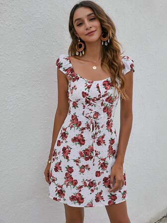 فستان تخريم درز رسم الزهر بطباعة شاملة بوهو