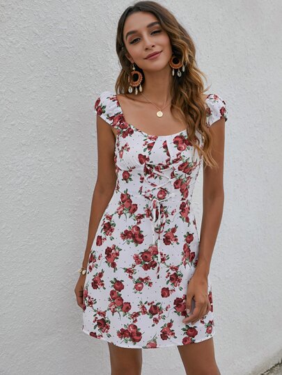 فستان تخريم درز رسم الزهر بطباعة شاملة بوهو