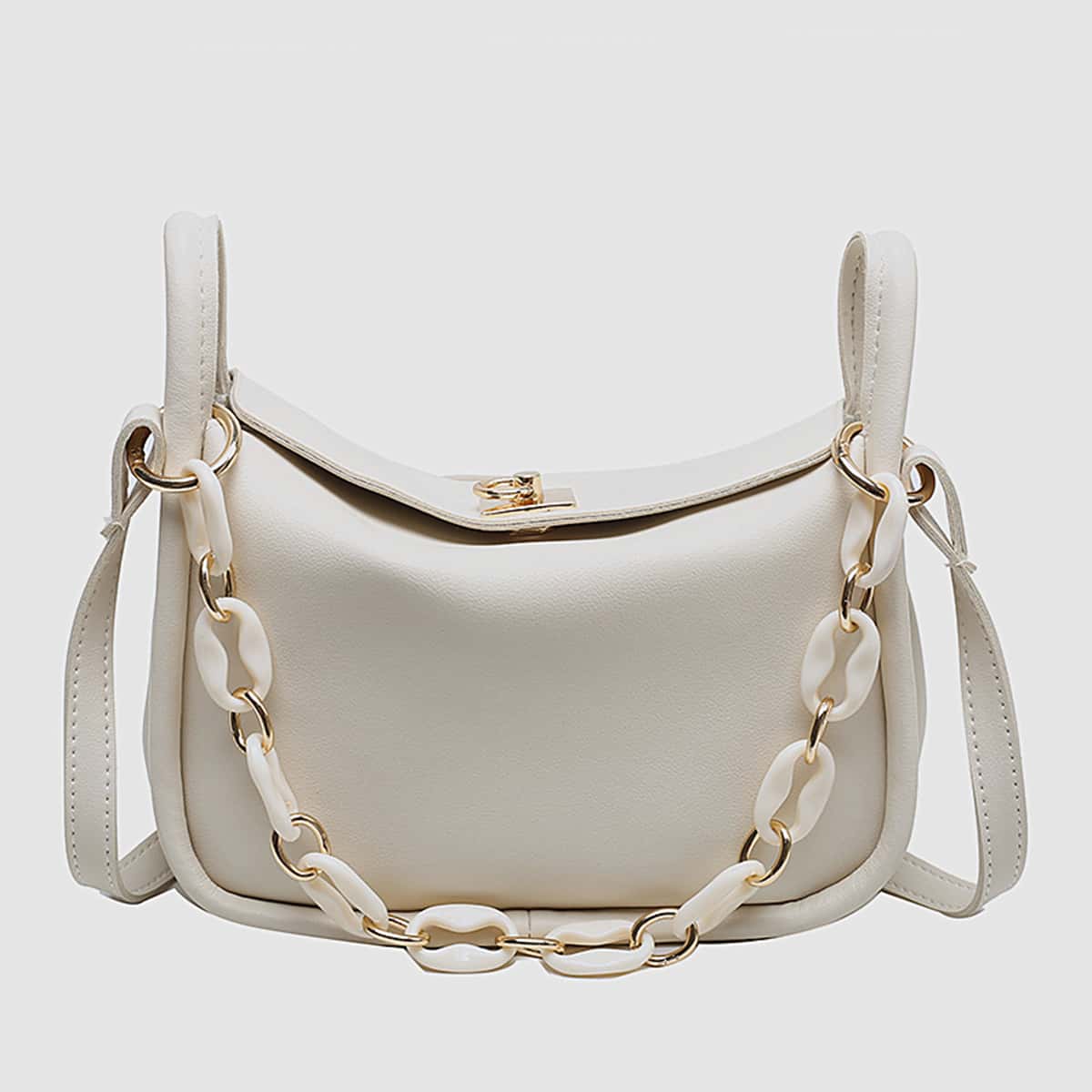 

Turn-lock Chain Satchel Bag, White