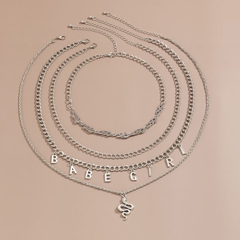 

4pcs Flame & Letter Chain Necklace, Silver